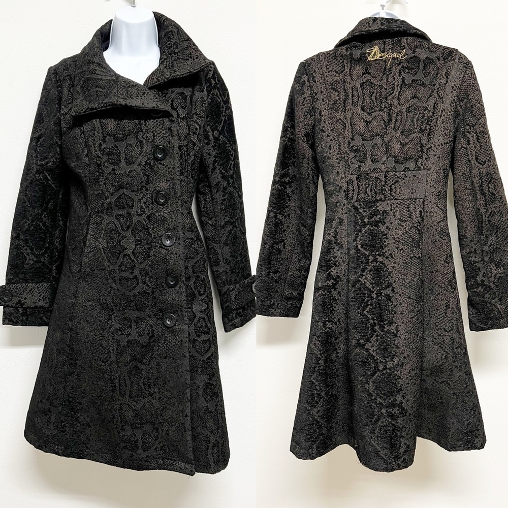 Desigual Womens Black Brown Snake Print Long Button Up Pea Coat Size EU 36 - Picture 2 of 8